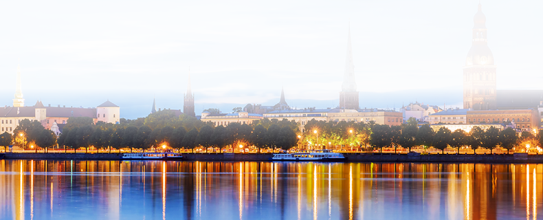 Panorama of the night Riga, Latvia