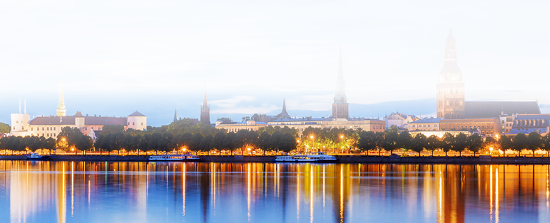 Panorama of the night Riga, Latvia